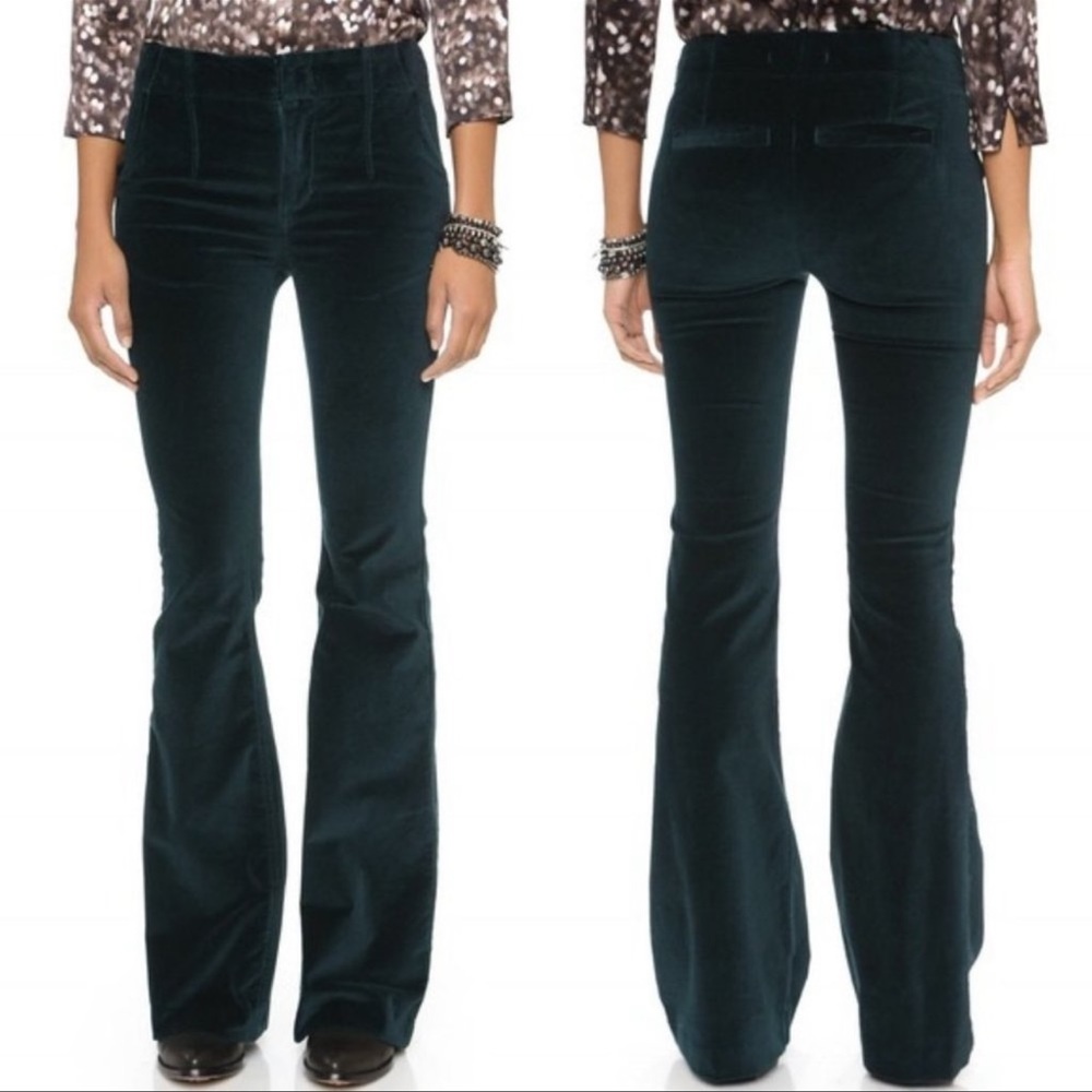 Free People Oxanna Deep Jewel Green Velvet Flare Pants Cropped Size 27